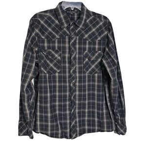 Carbon Black Mens Shirt Large Black Plaid Western Pearl Snap Long Sleeve Pockets